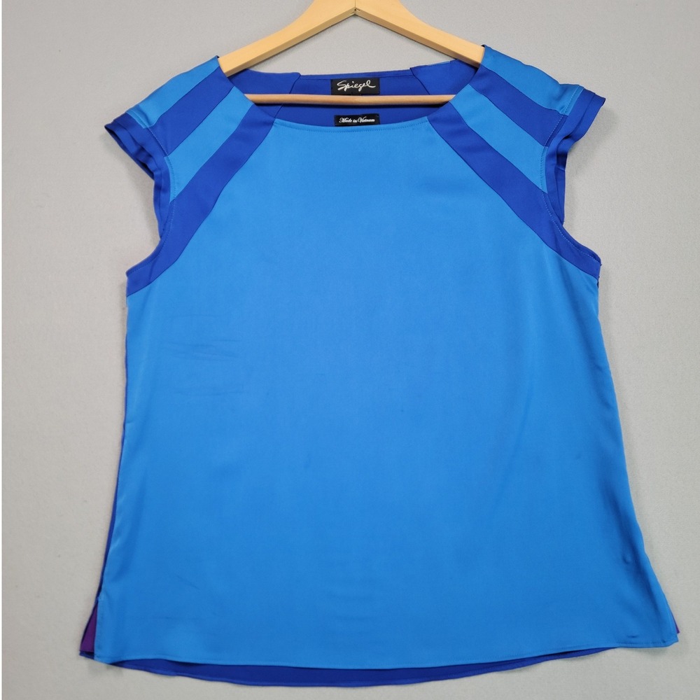 Spiegel Women Blue Colorblock Cap Sleeve Blouse Top Size 14